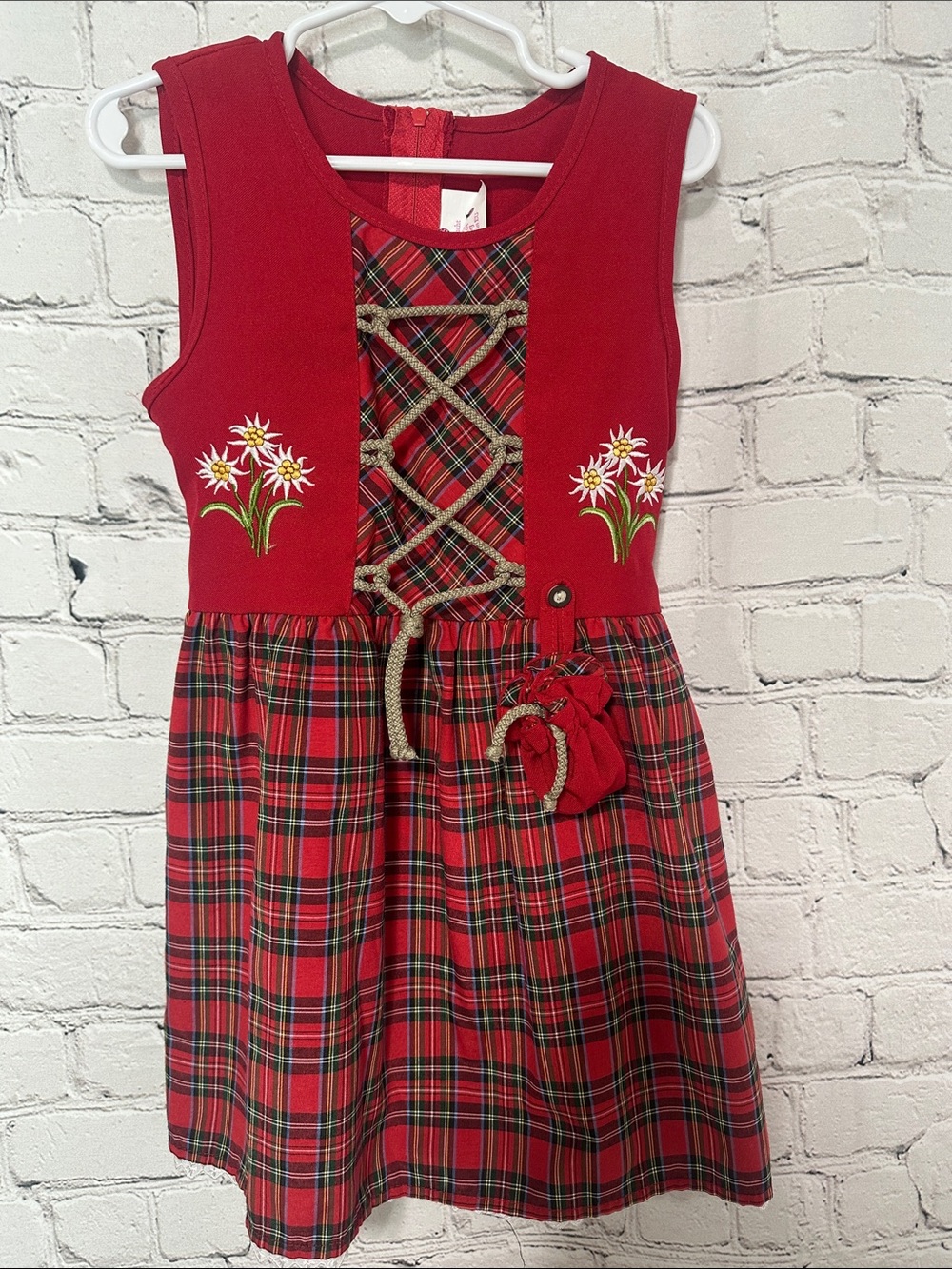 Leni Tracht Austria Girls Dirndl Dress Red Plaid Edelweiss Size 3–4Y